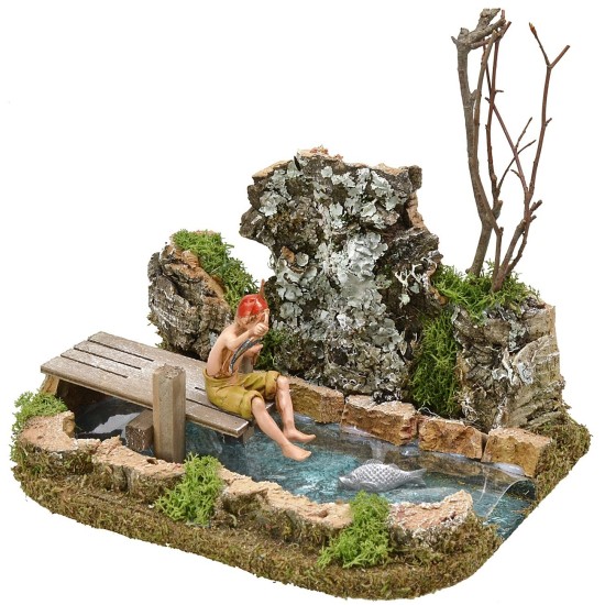 Estanque de pesebre con pescador Landi efecto profundidad