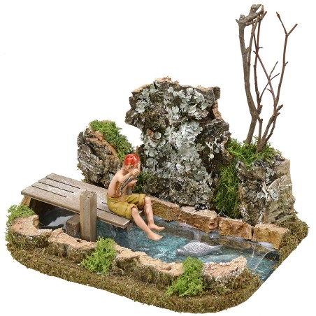 Estanque de pesebre con pescador Landi efecto de profundidad Mundo