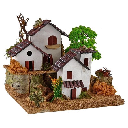 Houses for nativity scene on two levels with tree 15x19x14h cm