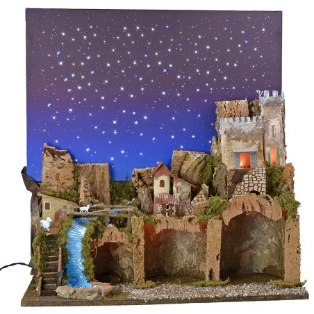 Illuminated nativity scene with fiber optic starry sky cm