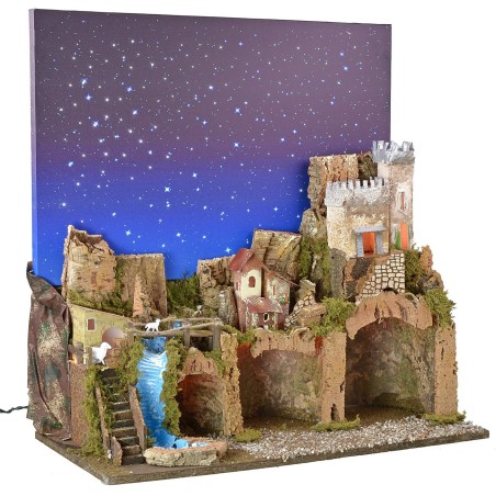 Illuminated nativity scene with fiber optic starry sky cm