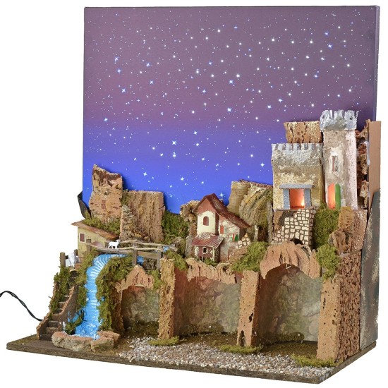 Illuminated nativity scene with fiber optic starry sky cm