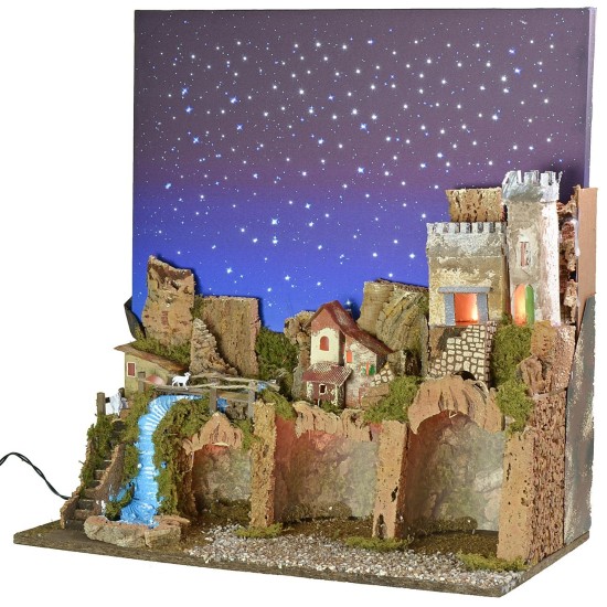 Illuminated nativity scene with fiber optic starry sky cm
