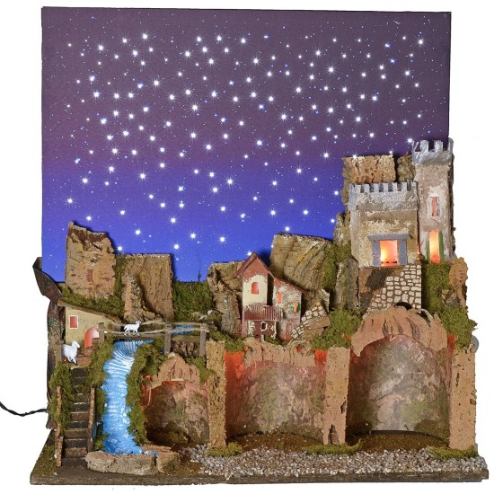 Illuminated nativity scene with fiber optic starry sky cm