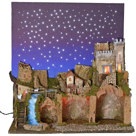 Illuminated nativity scene with fiber optic starry sky cm