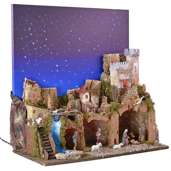 Illuminated nativity scene with complete fiber optic starry sky