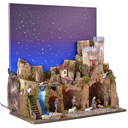 Illuminated nativity scene with complete fiber optic starry sky