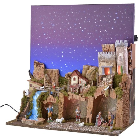 Illuminated nativity scene with complete fiber optic starry sky