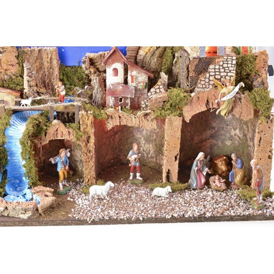 Illuminated nativity scene with complete fiber optic starry sky