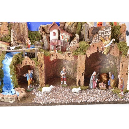 Illuminated nativity scene with complete fiber optic starry sky