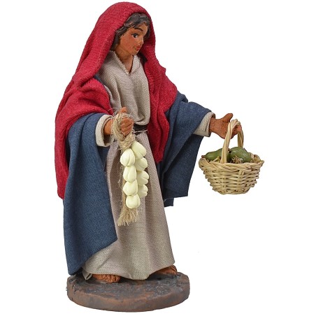 Donna con cesto e aglio 12 cm altezza, tessuto, aglio