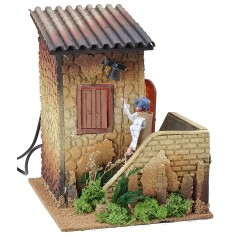Double movement illuminated house with man ringing the bell and 2