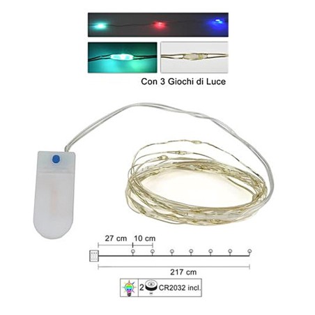 20 Micro LED multicolores con juegos de luces y pilas incluidas.