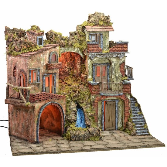 Presepe illuminato stile '700 con cascata cm 70x50x64 h