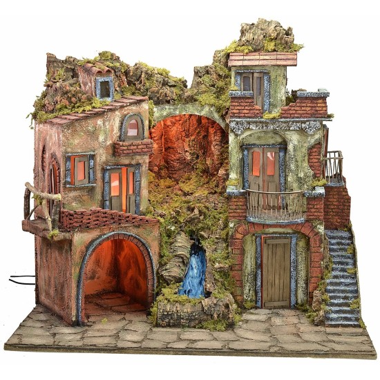 Pesebre iluminado estilo '700 con cascada de 70x50x64 cm h