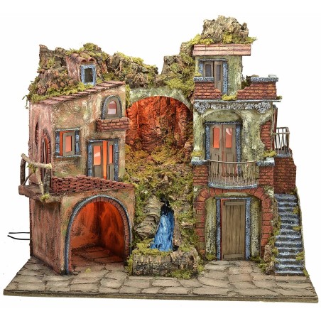 Presepe illuminato stile '700 con cascata cm 70x50x64 h