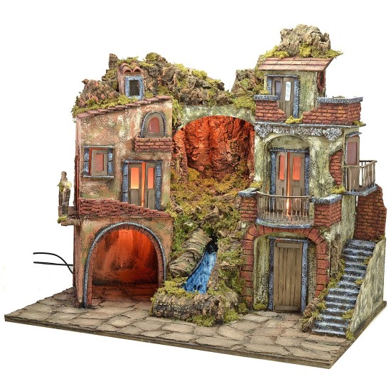 Pesebre iluminado estilo '700 con cascada de 70x50x64 cm h