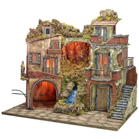 Presepe illuminato stile '700 con cascata cm 70x50x64 h