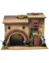 Illuminated house with moving lamplighter 12 cm and woman