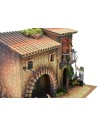 Illuminated house with moving lamplighter 12 cm and woman