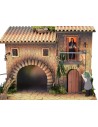 Illuminated house with moving lamplighter 12 cm and woman