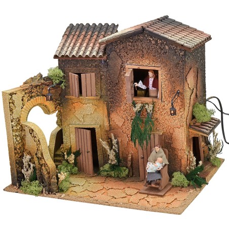 Borgo illuminato con due donne 12 cm in movimento cm 45x35x40 h