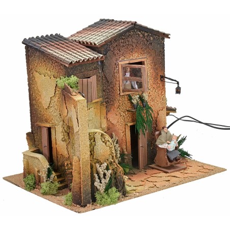 Borgo illuminato con due donne 12 cm in movimento cm 45x35x40 h