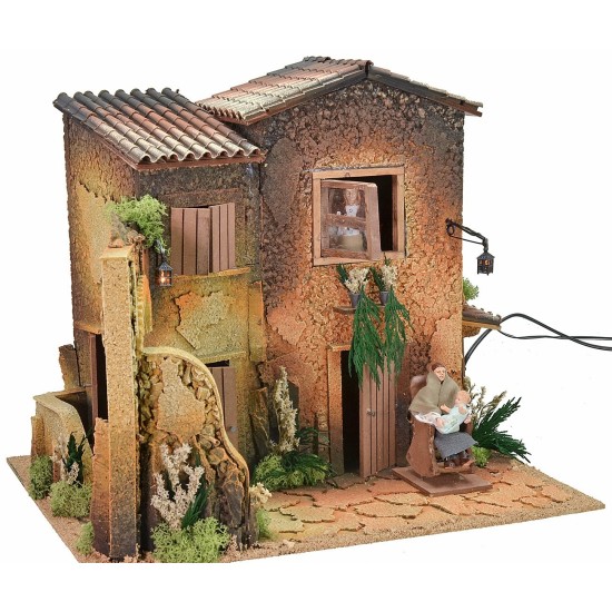 Borgo illuminato con due donne 12 cm in movimento cm 45x35x40 h