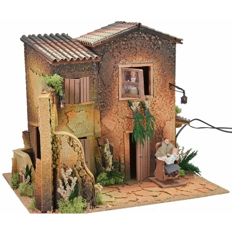 Borgo illuminato con due donne 12 cm in movimento cm 45x35x40 h