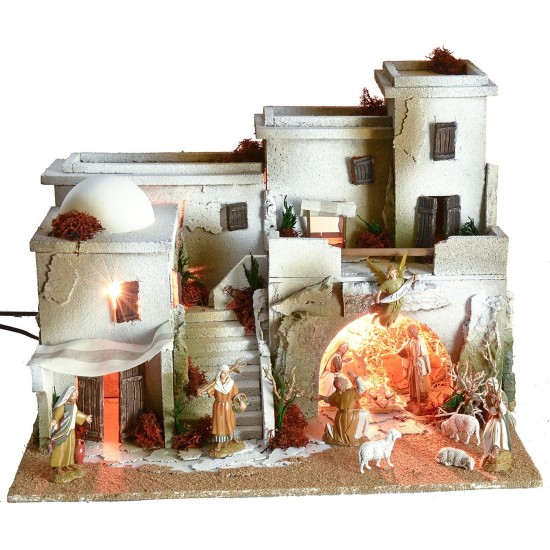 Belén de estilo árabe con tienda completo de luces y estatuas