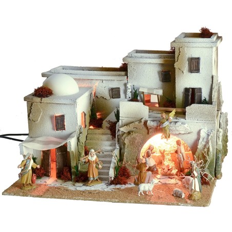 Belén de estilo árabe con tienda completo con luces y estatuas.