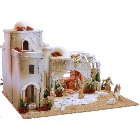 Presepe arabo completo di luci, fontana funzionante e statue