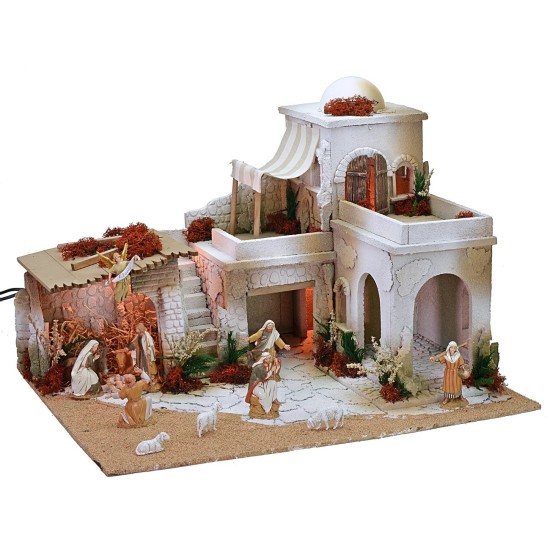 Arab nativity scene complete with current-operated lights and statues