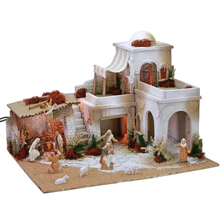 Presepe arabo completo di luci funzionante a corrente e statue