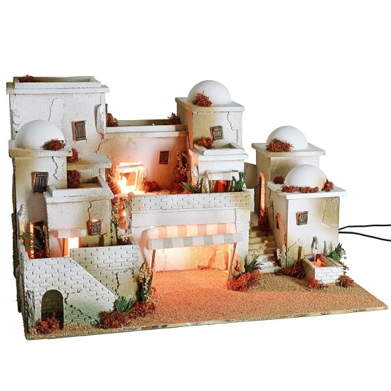 Nativity scene in Palestinian style complete with lights and fountain