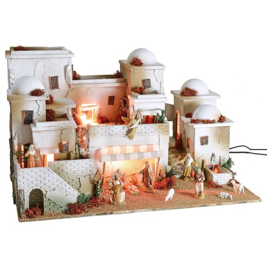 Pesebre de estilo palestino completo con luces, fuente