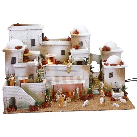 Pesebre de estilo palestino completo con luces, fuente