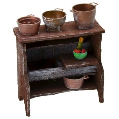 Fregadero de madera envejecida con ollas de 9x4,5x11 cm h
