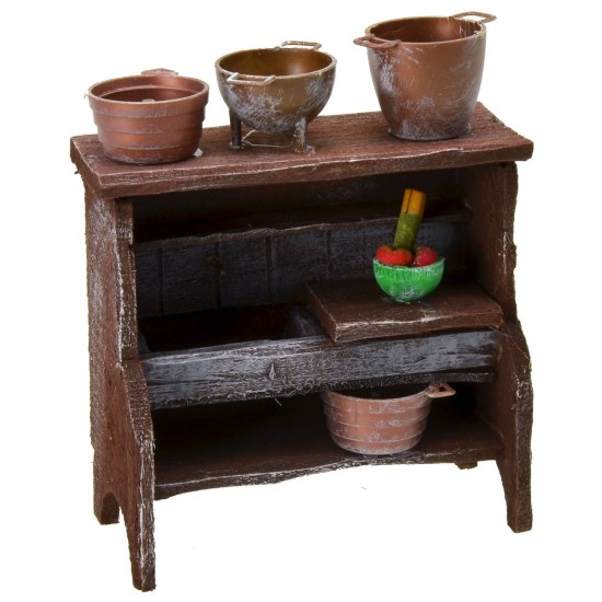 Fregadero de madera envejecida con ollas de 9x4,5x11 cm h