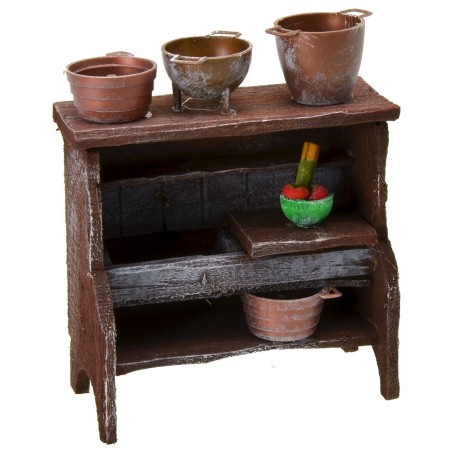 Fregadero de madera envejecida con ollas de 9x4,5x11 cm h