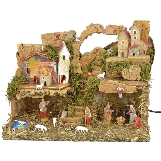 Presepe illuminato completo di statue Landi cm 33x18x24 h Mondo