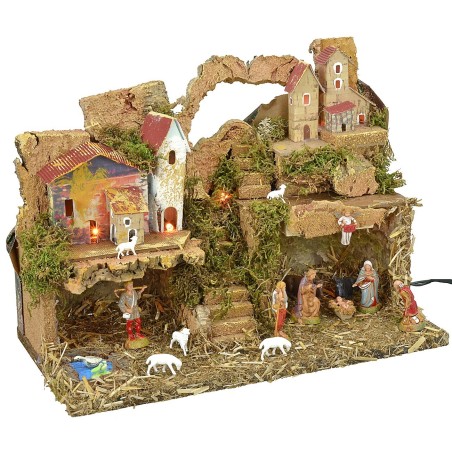 Presepe illuminato completo di statue Landi cm 33x18x24 h Mondo
