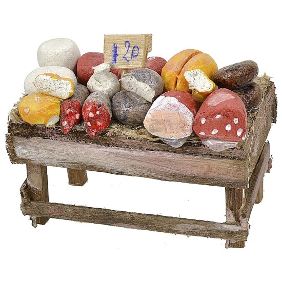 Puesto de mercado de belén con embutidos y quesos de 6x3,5x4 cm.