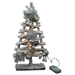 Árbol nevado de madera con luces y piñas h 40cm