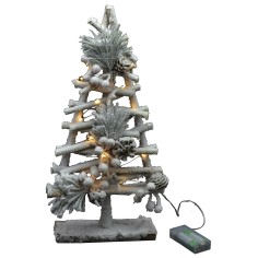 Snow-covered wooden tree with lights and pine cones h 40cm