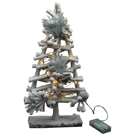 Snow-covered wooden tree with lights and pine cones h 40cm