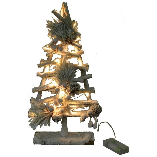 Snow-covered wooden tree with lights and pine cones h 40cm