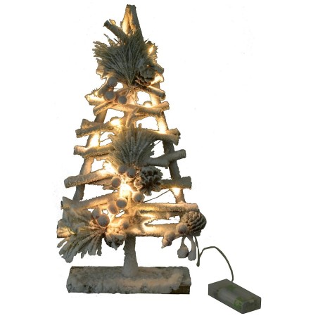 Snow-covered wooden tree with lights and pine cones h 40cm