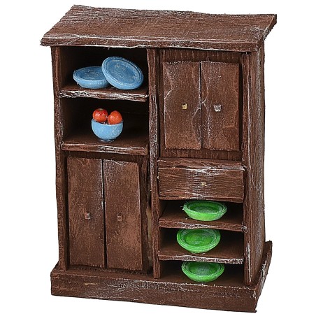 Credenza in legno antichizzato con porcellane colorate cm