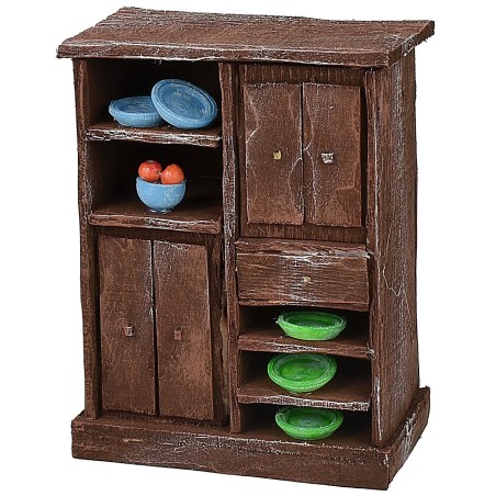 Credenza in legno antichizzato con porcellane colorate cm